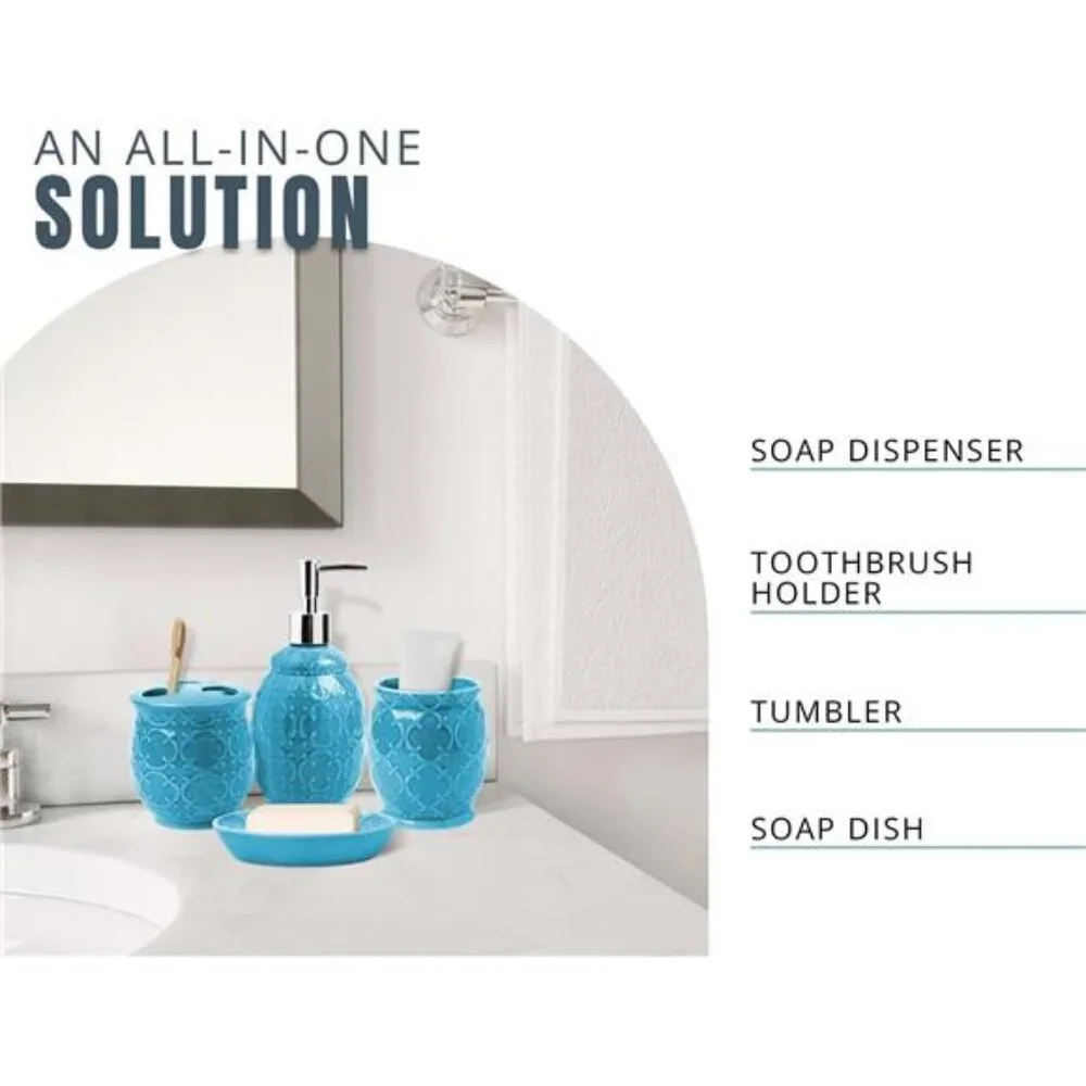 Blue Ceramic Bathroom Accessory Set 4 Piece Soap Dish Toothbrush Holder Tumbler